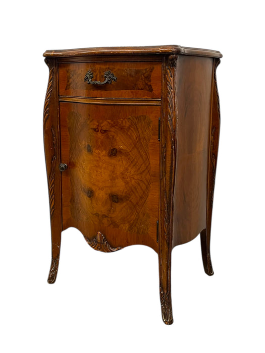 French Louis XV Style Burl Bedside Cabinet with Drawer and Door