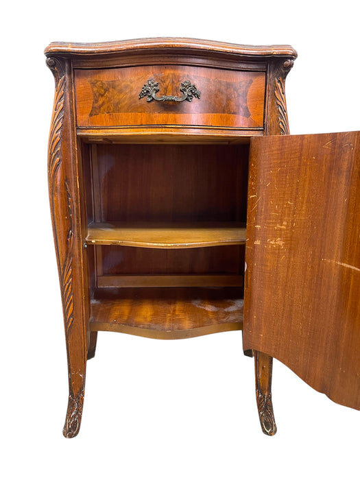 French Louis XV Style Burl Bedside Cabinet with Drawer and Door