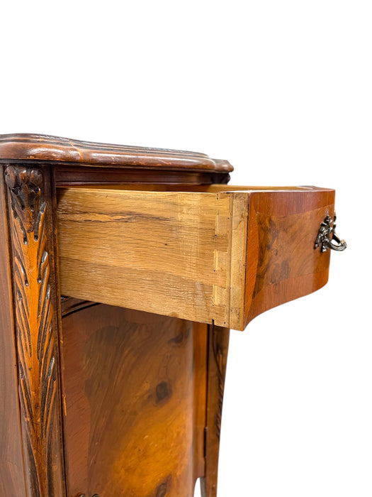 French Louis XV Style Burl Bedside Cabinet with Drawer and Door
