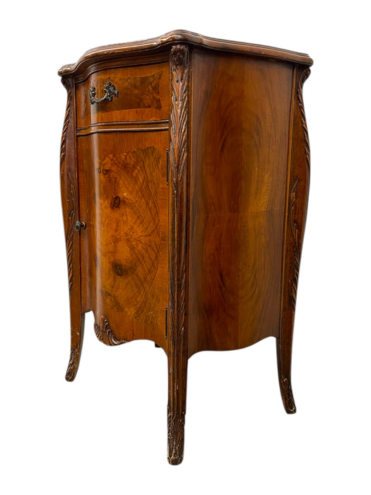 French Louis XV Style Burl Bedside Cabinet with Drawer and Door