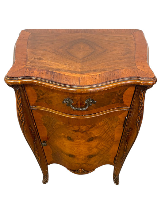 French Louis XV Style Burl Bedside Cabinet with Drawer and Door