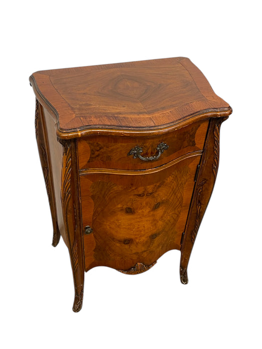 French Louis XV Style Burl Bedside Cabinet with Drawer and Door