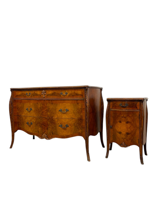 French Louis XV style BurlWood Bombe Commode and Matching Bedside Cabinet Set with Carved details