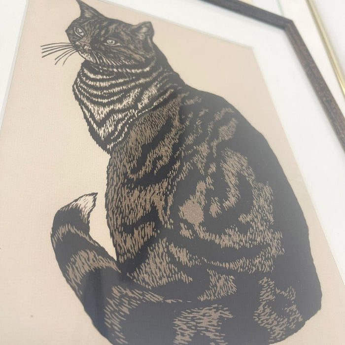 Vintage Framed Woodcut Cat Print Signed by Artist L. Thiemann