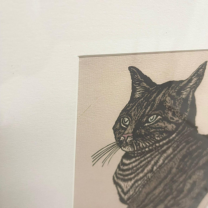 Vintage Framed Woodcut Cat Print Signed by Artist L. Thiemann