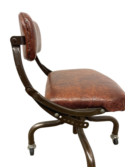 Vintage Industrial Office Chair with Brown Upholstery and Metal Base on Casters