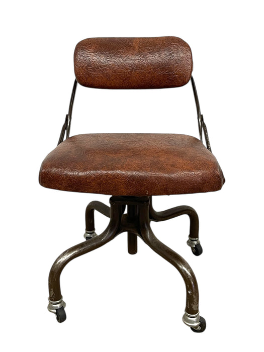 Vintage Industrial Office Chair with Brown Upholstery and Metal Base on Casters