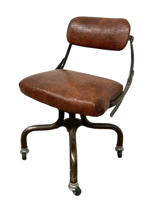 Vintage Industrial Office Chair with Brown Upholstery and Metal Base on Casters