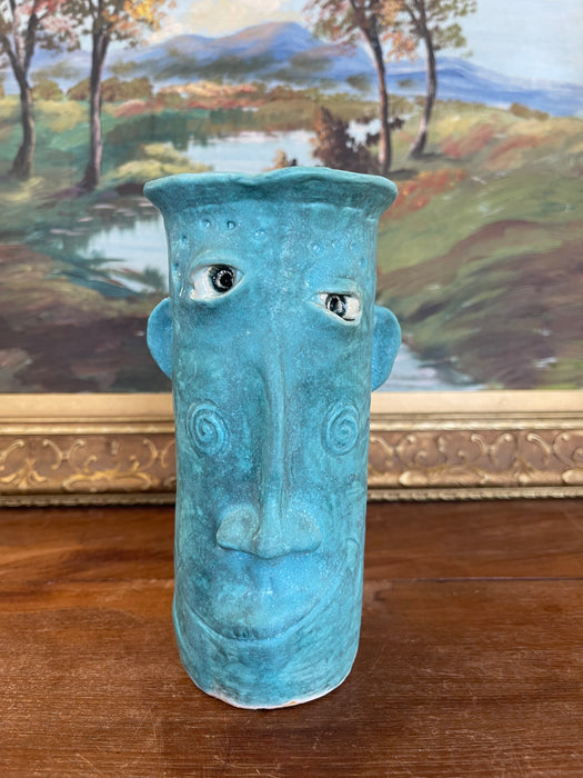 Handmade Studio Pottery Blue Face Vase by Muddy River Clay