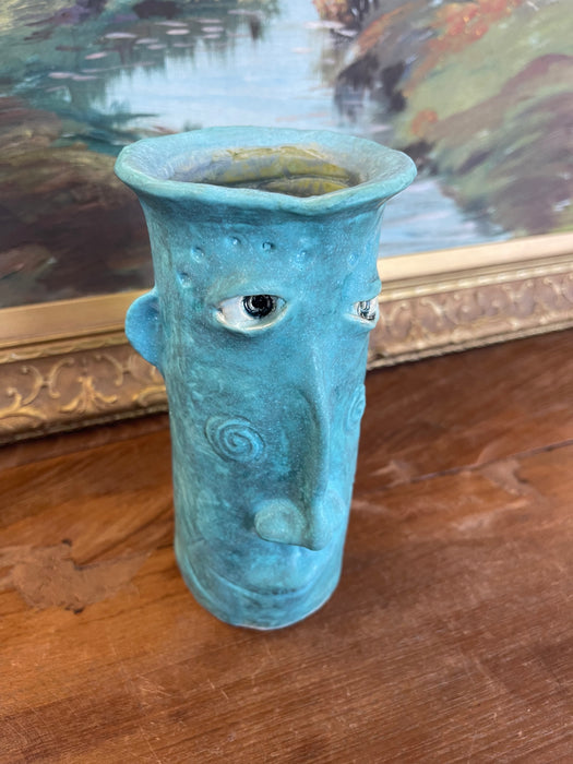 Handmade Studio Pottery Blue Face Vase by Muddy River Clay