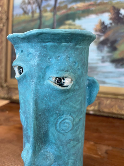 Handmade Studio Pottery Blue Face Vase by Muddy River Clay