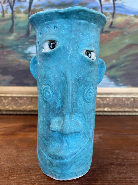 Handmade Studio Pottery Blue Face Vase by Muddy River Clay