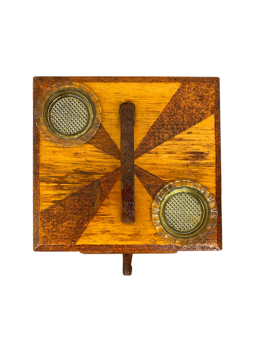 Vintage Hand crafted folk Art Horse Head Smokers Stand with Inlaid Geometric Design and Glass Ashtrays