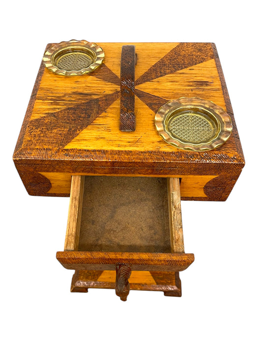 Vintage Hand crafted folk Art Horse Head Smokers Stand with Inlaid Geometric Design and Glass Ashtrays