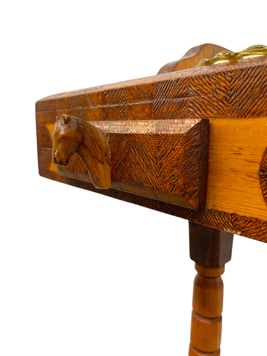 Vintage Hand crafted folk Art Horse Head Smokers Stand with Inlaid Geometric Design and Glass Ashtrays