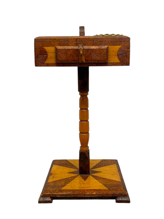 Vintage Hand crafted folk Art Horse Head Smokers Stand with Inlaid Geometric Design and Glass Ashtrays