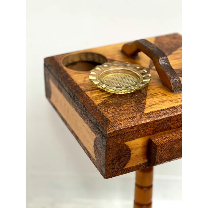 Vintage Hand crafted folk Art Horse Head Smokers Stand with Inlaid Geometric Design and Glass Ashtrays