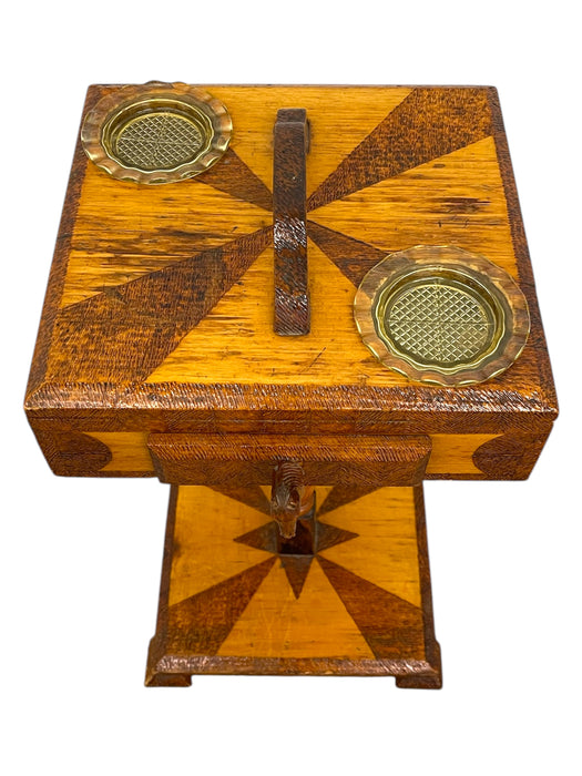 Vintage Hand crafted folk Art Horse Head Smokers Stand with Inlaid Geometric Design and Glass Ashtrays