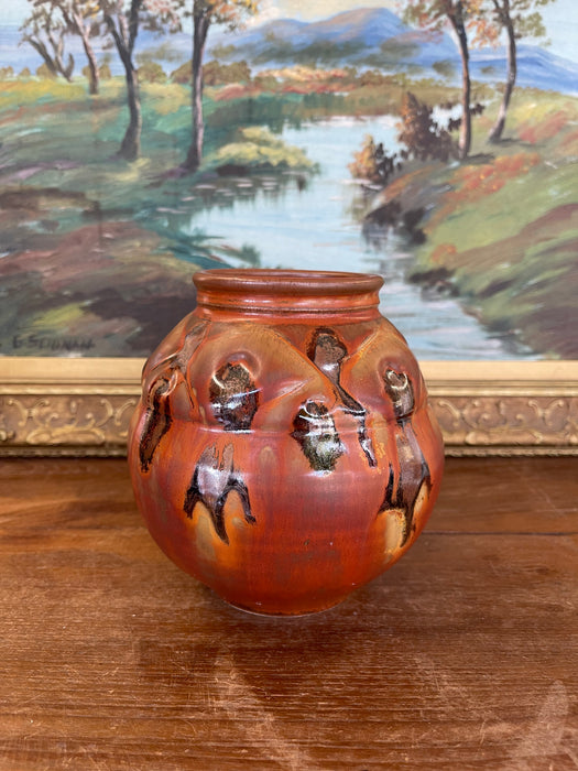 Vintage Studio Pottery Vase with Carved Abstract Glaze Accents in Burnt Umber and Ochre Tones