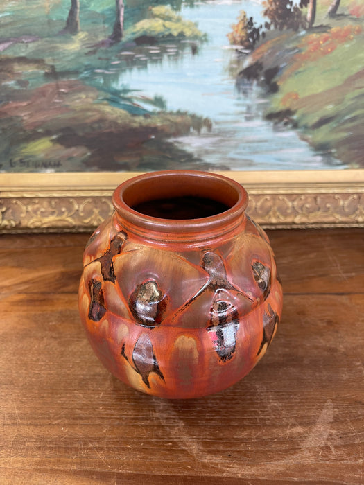 Vintage Studio Pottery Vase with Carved Abstract Glaze Accents in Burnt Umber and Ochre Tones