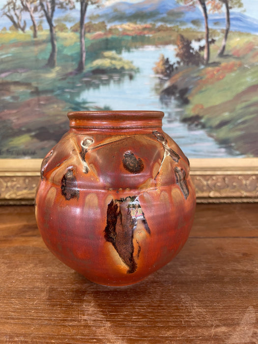 Vintage Studio Pottery Vase with Carved Abstract Glaze Accents in Burnt Umber and Ochre Tones