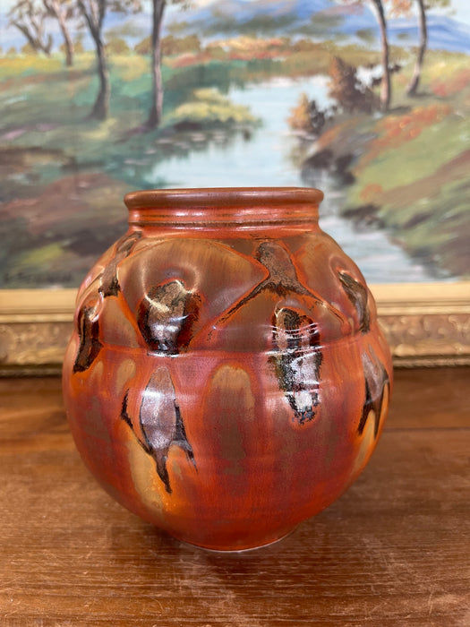 Vintage Studio Pottery Vase with Carved Abstract Glaze Accents in Burnt Umber and Ochre Tones