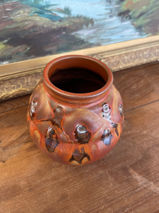 Vintage Studio Pottery Vase with Carved Abstract Glaze Accents in Burnt Umber and Ochre Tones