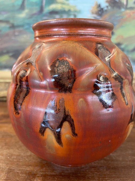 Vintage Studio Pottery Vase with Carved Abstract Glaze Accents in Burnt Umber and Ochre Tones
