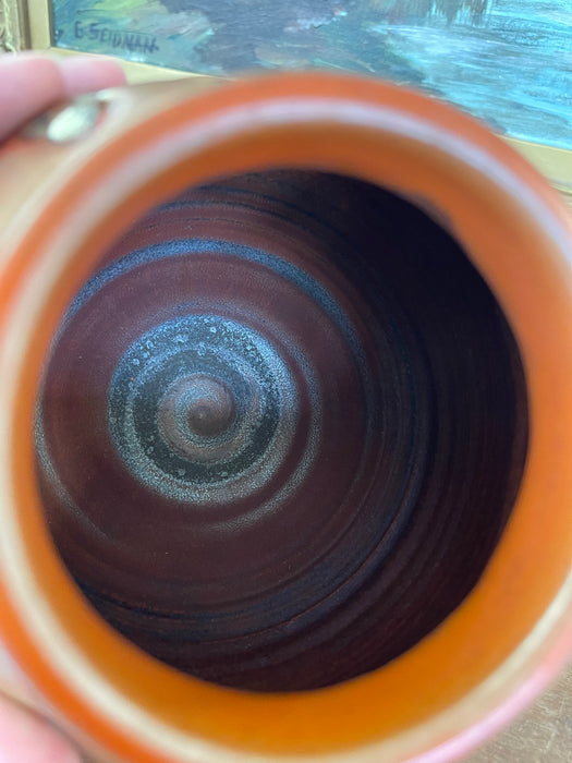 Vintage Studio Pottery Vase with Carved Abstract Glaze Accents in Burnt Umber and Ochre Tones