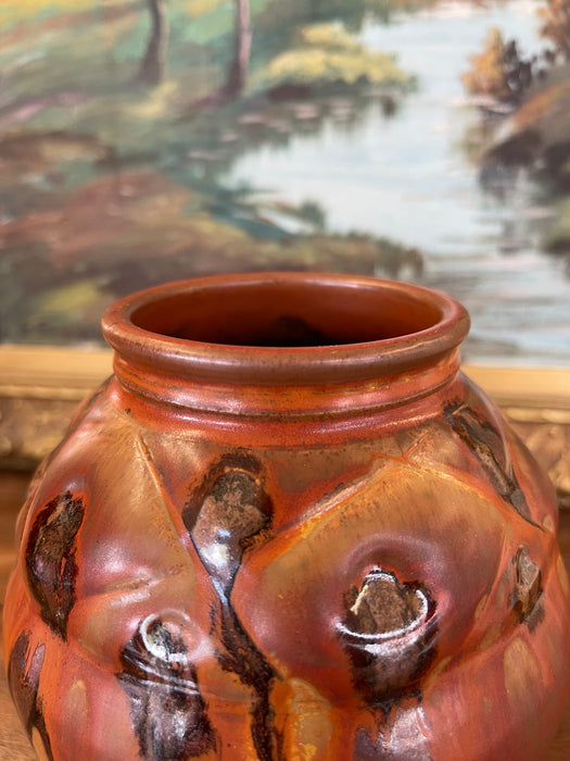 Vintage Studio Pottery Vase with Carved Abstract Glaze Accents in Burnt Umber and Ochre Tones