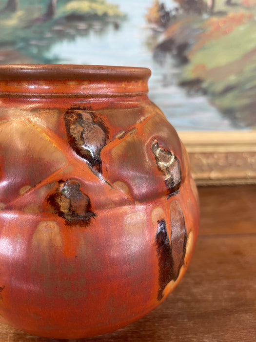 Vintage Studio Pottery Vase with Carved Abstract Glaze Accents in Burnt Umber and Ochre Tones