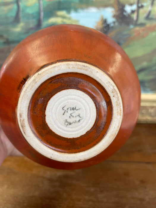 Vintage Studio Pottery Vase with Carved Abstract Glaze Accents in Burnt Umber and Ochre Tones