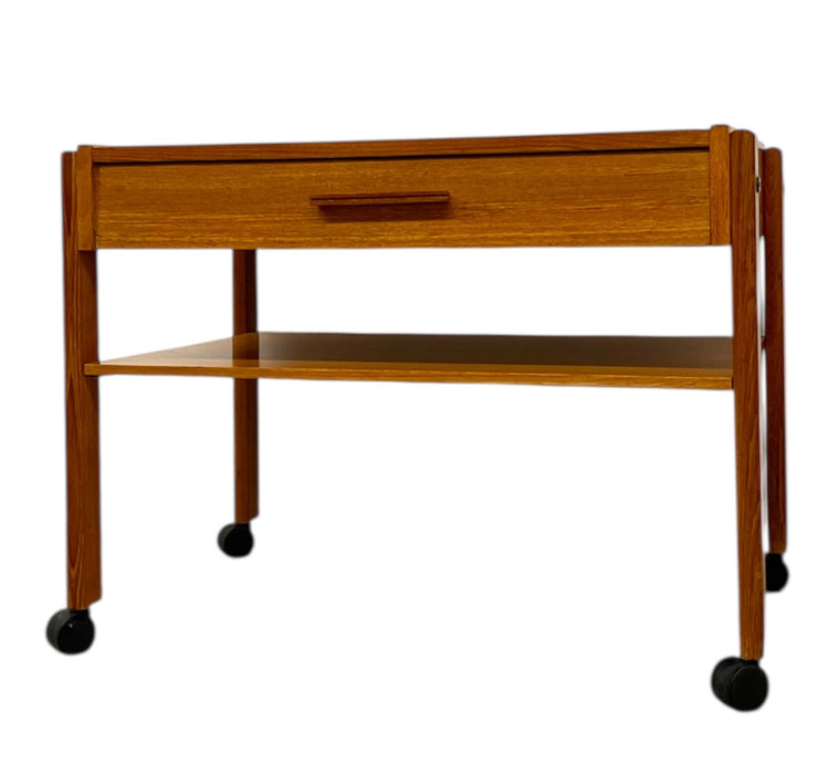 Vintage Danish Modern Rolling Side Table with Drawer and Lower Shelf