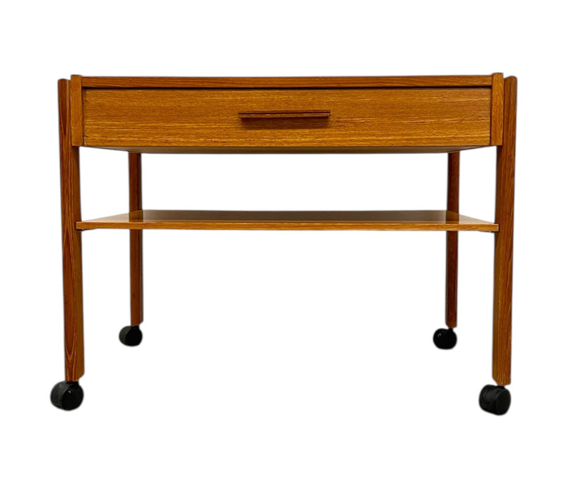 Vintage Danish Modern Rolling Side Table with Drawer and Lower Shelf