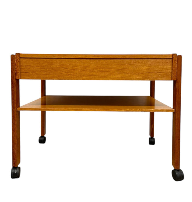 Vintage Danish Modern Rolling Side Table with Drawer and Lower Shelf