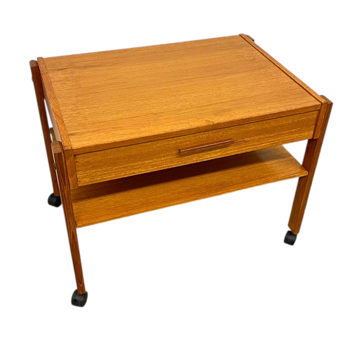 Vintage Danish Modern Rolling Side Table with Drawer and Lower Shelf