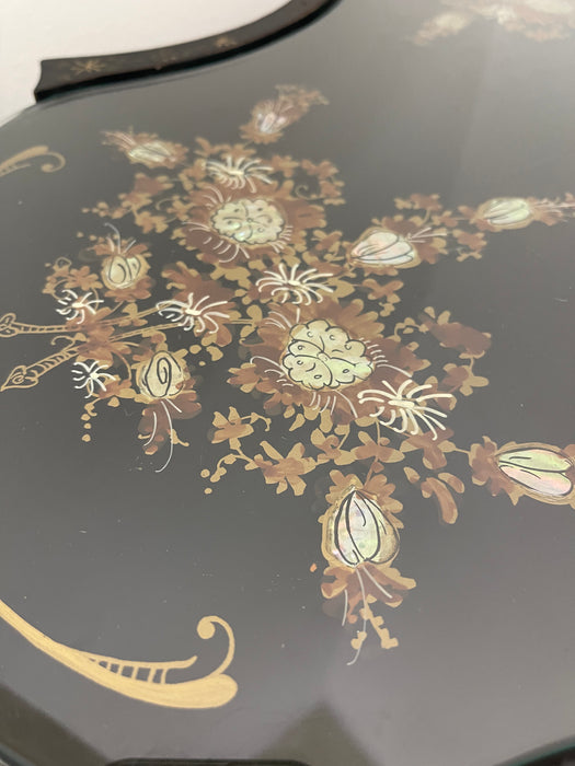 Victorian Style Black Pedestal Table with Floral Hand-Painted Decoration and Inlays