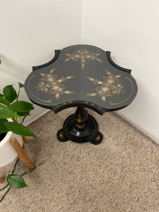 Victorian Style Black Pedestal Table with Floral Hand-Painted Decoration and Inlays