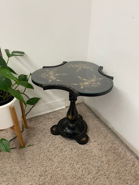 Victorian Style Black Pedestal Table with Floral Hand-Painted Decoration and Inlays