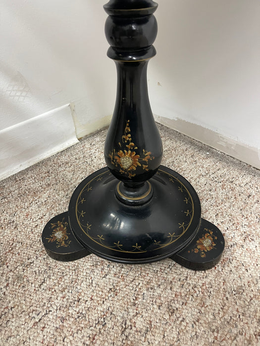 Victorian Style Black Pedestal Table with Floral Hand-Painted Decoration and Inlays