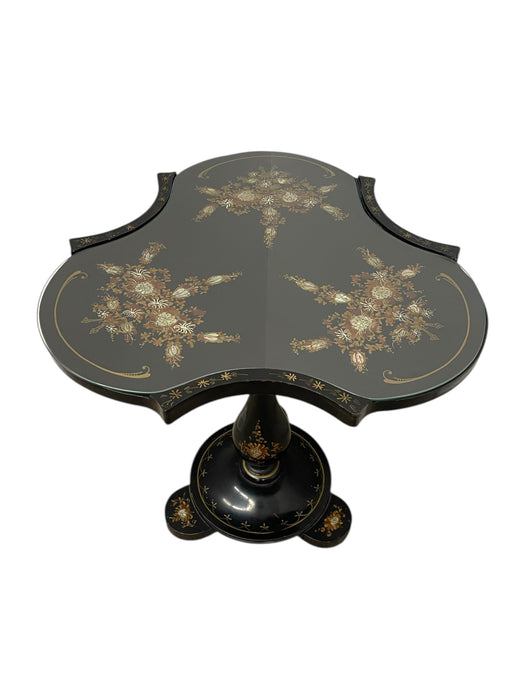Victorian Style Black Pedestal Table with Floral Hand-Painted Decoration and Inlays