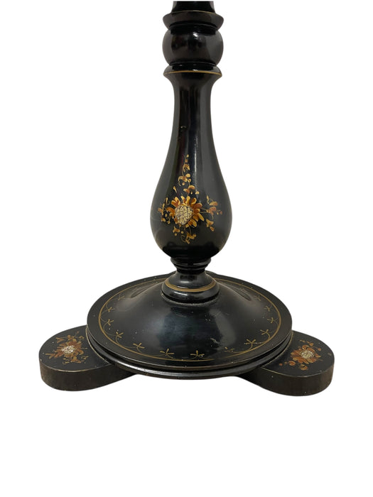 Victorian Style Black Pedestal Table with Floral Hand-Painted Decoration and Inlays