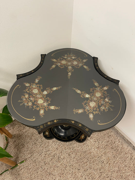 Victorian Style Black Pedestal Table with Floral Hand-Painted Decoration and Inlays