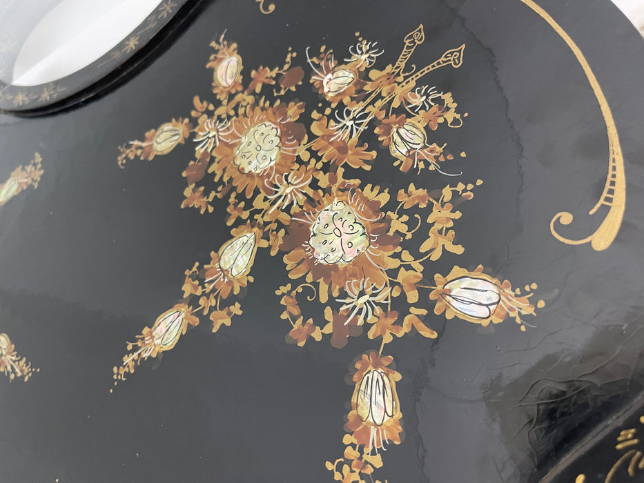 Victorian Style Black Pedestal Table with Floral Hand-Painted Decoration and Inlays
