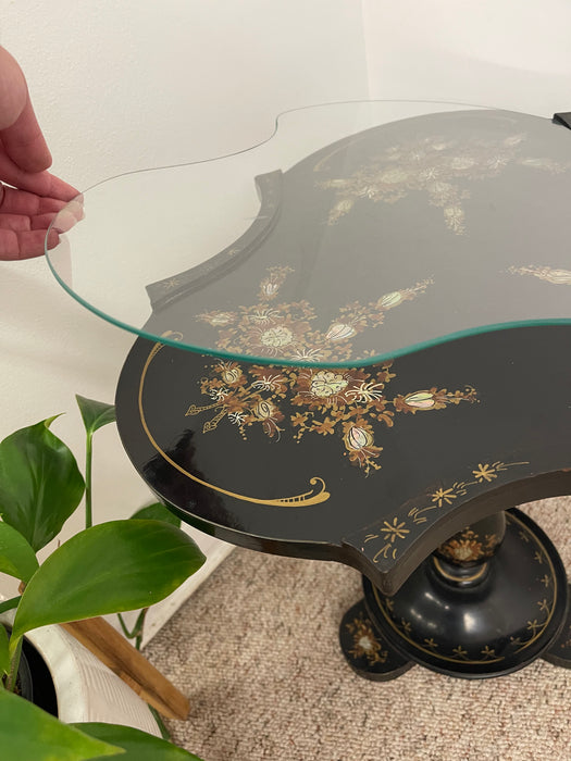 Victorian Style Black Pedestal Table with Floral Hand-Painted Decoration and Inlays