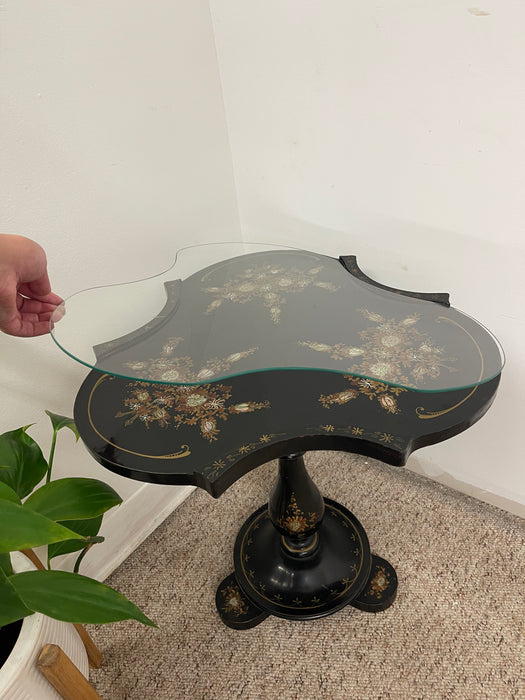 Victorian Style Black Pedestal Table with Floral Hand-Painted Decoration and Inlays