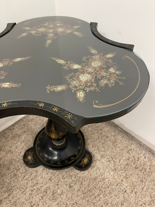 Victorian Style Black Pedestal Table with Floral Hand-Painted Decoration and Inlays