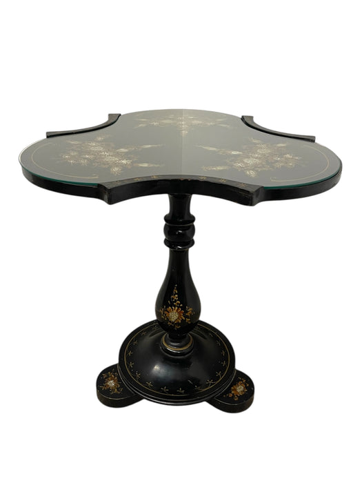Victorian Style Black Pedestal Table with Floral Hand-Painted Decoration and Inlays