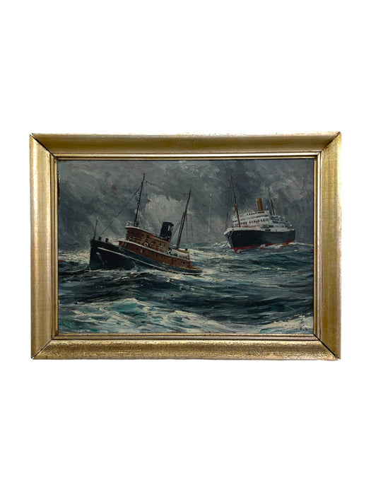 Mid-Century Maritime Painting of Ships in Storm, Signed