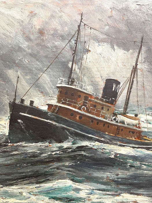 Mid-Century Maritime Painting of Ships in Storm, Signed